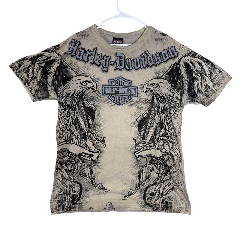 Harley Davidson Motorcycles Grunge Double Eagle Graphic T-Shirt Tan Mens L 2010
